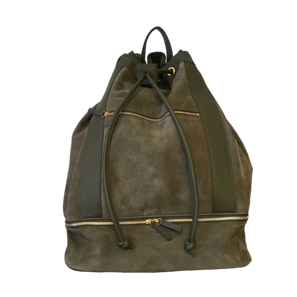 NWOT Eleventy Rucksack Backpack Bag Mens Green Suede Cinch Zipper Leather NEW